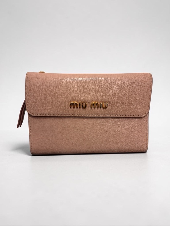 Miu Miu Handbags - Miu Miu Blush Pink Pebbled Leather Compact Wallet with Gold Logo EUC